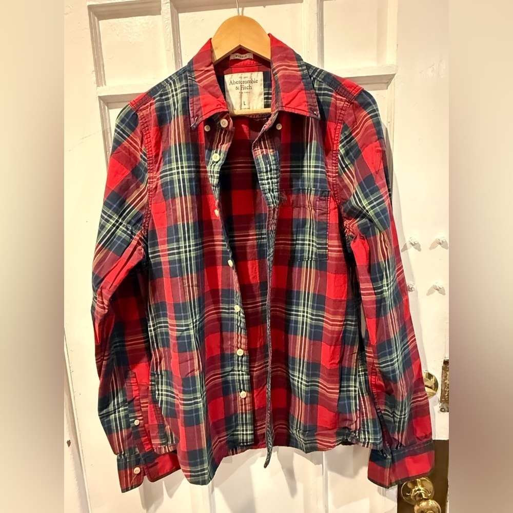 Abercrombie & Fitch Men's Red and Blue Checkered Shirt